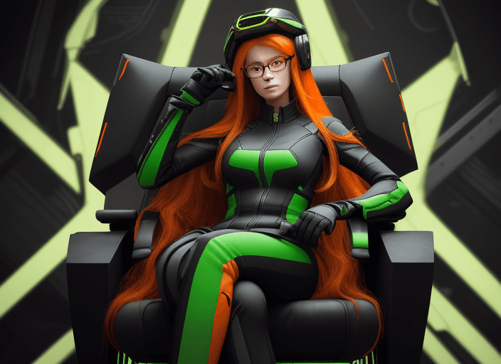 AI generated: Orange long hair, black and green jumpsuit, woman, futuristic tech, glasses, helmet, smug, hypnosis,...