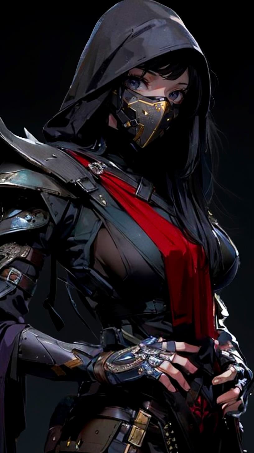 AI generated: Female shinobi, hooded and masked, dark padded outfit with leather and metallic accessories, black a...