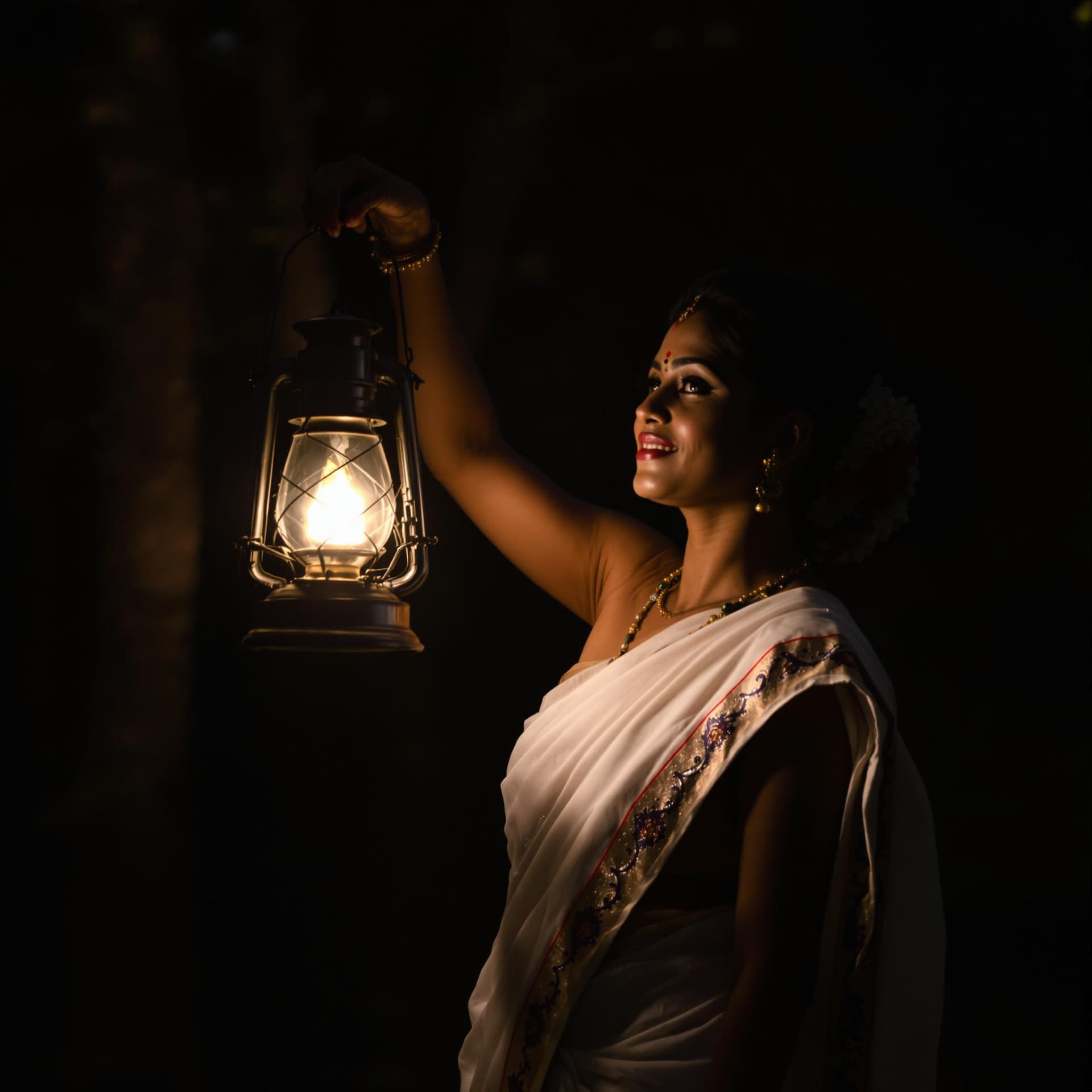 AI generated: a photo of Indian woman in white traditional kerala saree holding an old lantern, dark forest backgr...