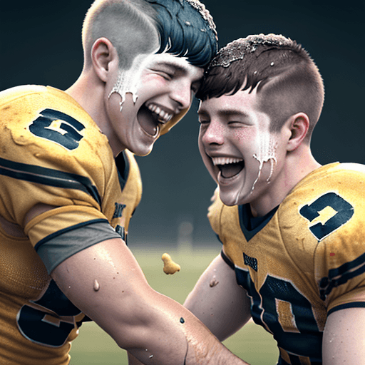 AI generated: two laughing sweaty, caucasian american football players with short cropped hair, throwing custard p...