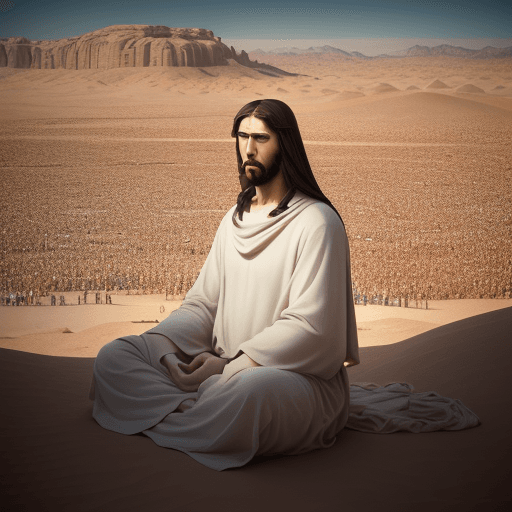 AI generated: large Jesus, crowd the people meditation, 8k, full of pride, in desert