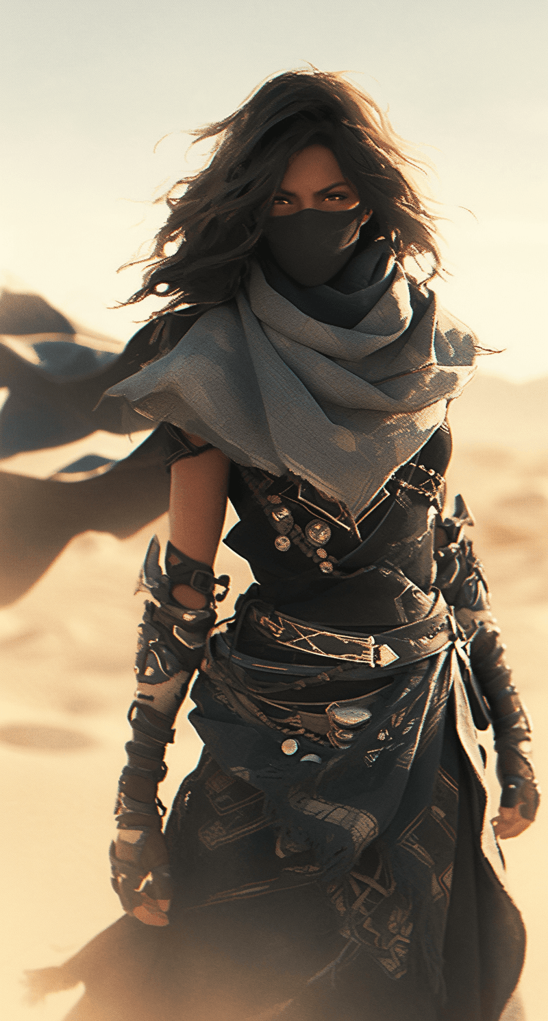 AI generated: a woman in a fancy dress standing in the desert, in the style of light-filled, post-apocalyptic back...