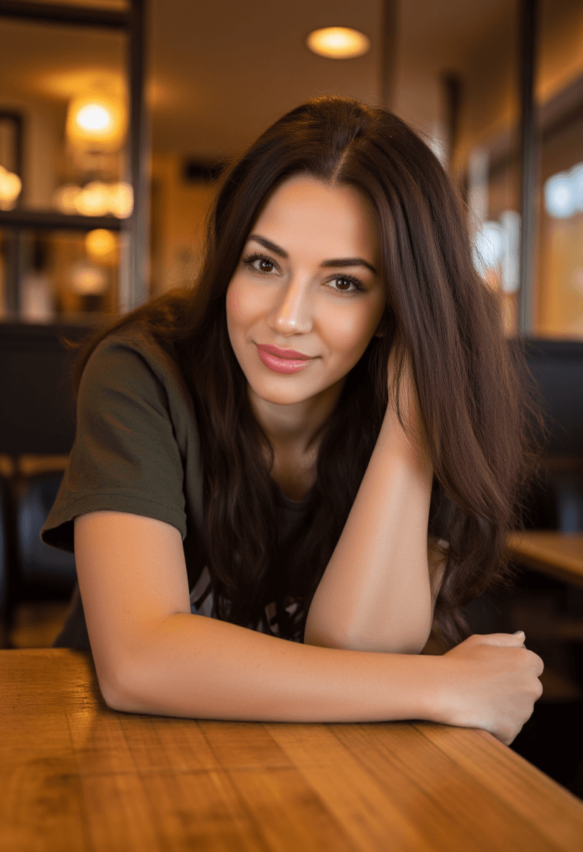 AI generated: A woman with stunning long brunette hair leans casually against a table in a cozy restaurant, her ha...
