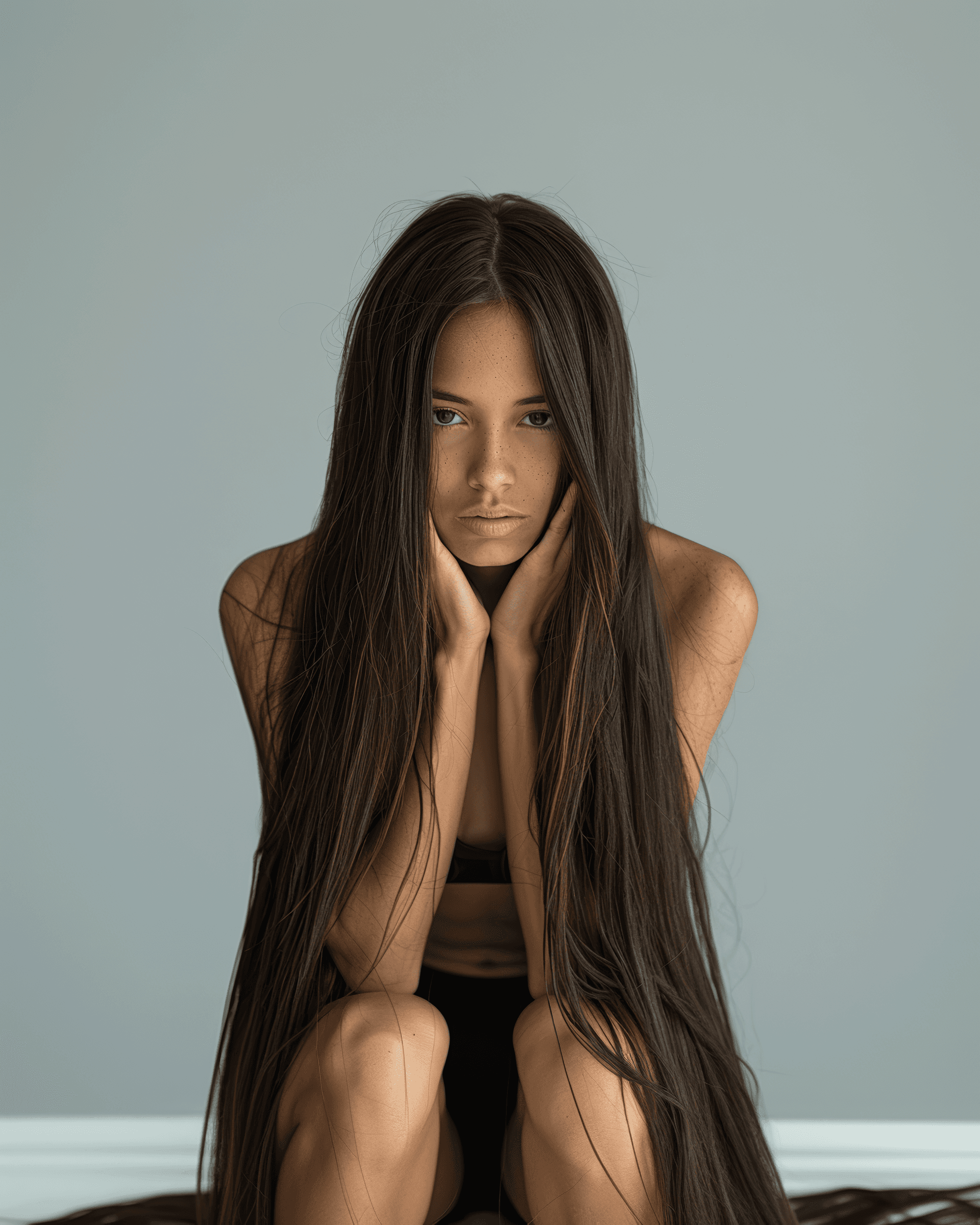 AI generated: very realistic front-view photo of a fitness woman bending forward with very long brown hair, all ha...
