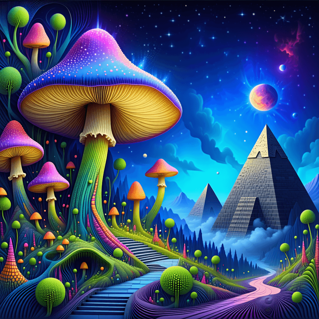 AI generated: a psychedelic, surreal fractal fantasy made from the energy of the universe. Evolving from pyramids ...