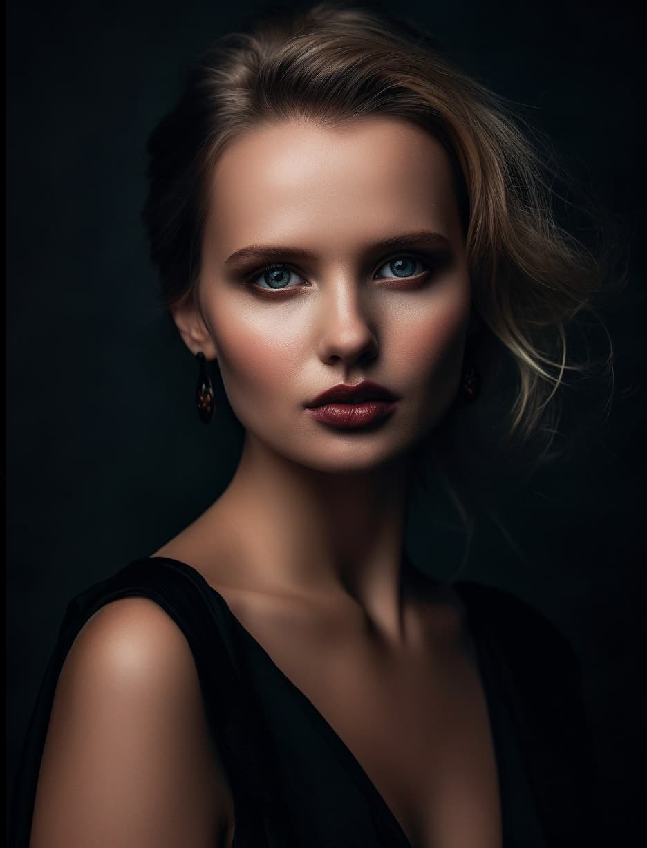 AI generated: a woman in a black dress posing for a picture, a portrait, by Emma Andijewska, lara stone, dewy skin...