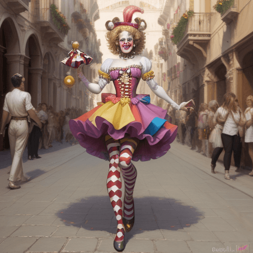 AI generated: Clown, girl, harlequin, happy, smiling, cute, venetian carnival, full body, high resolution, hyper r...