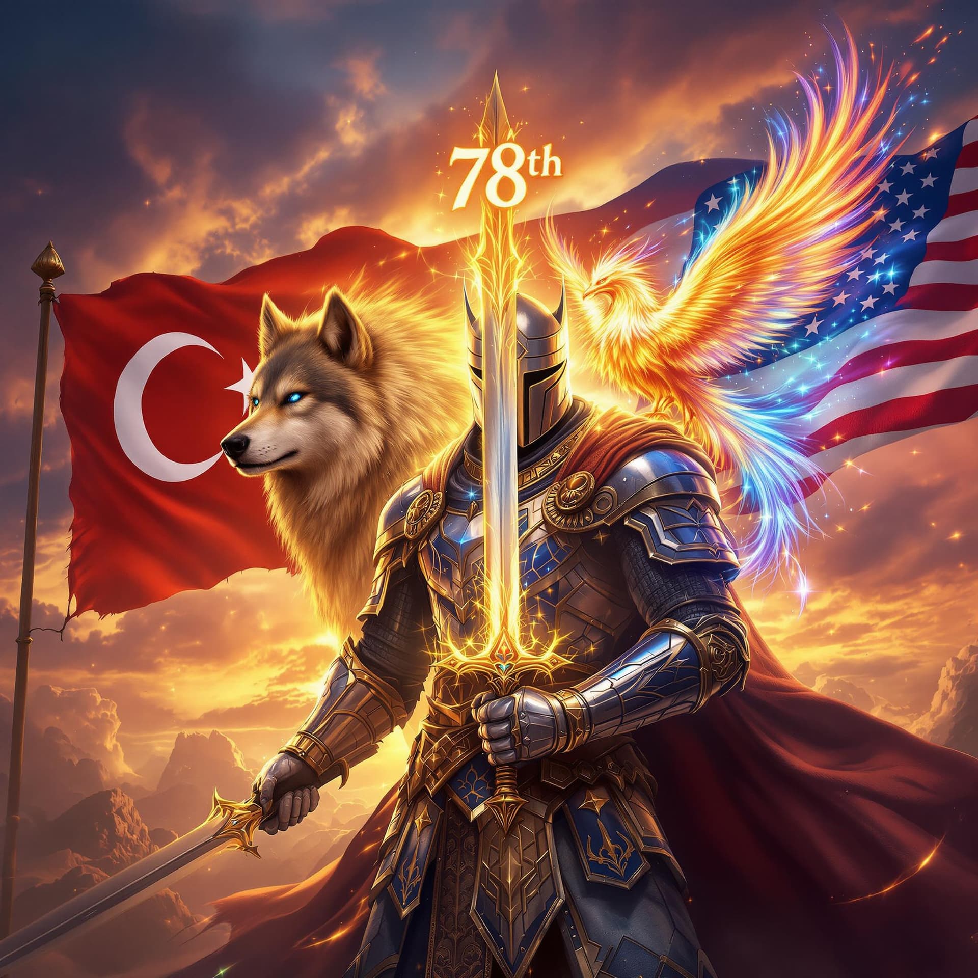 AI generated: A fierce Knight warrior clad in traditional armor inspired by ancient Turkish mythology, holding a s...