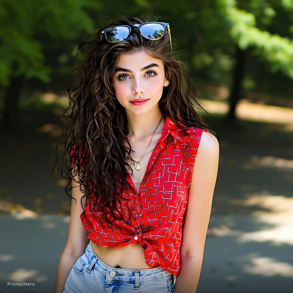 AI generated: This is a photorealistic portrait of Natalia Dyer with long, dark brown curly hair, captured in natu...