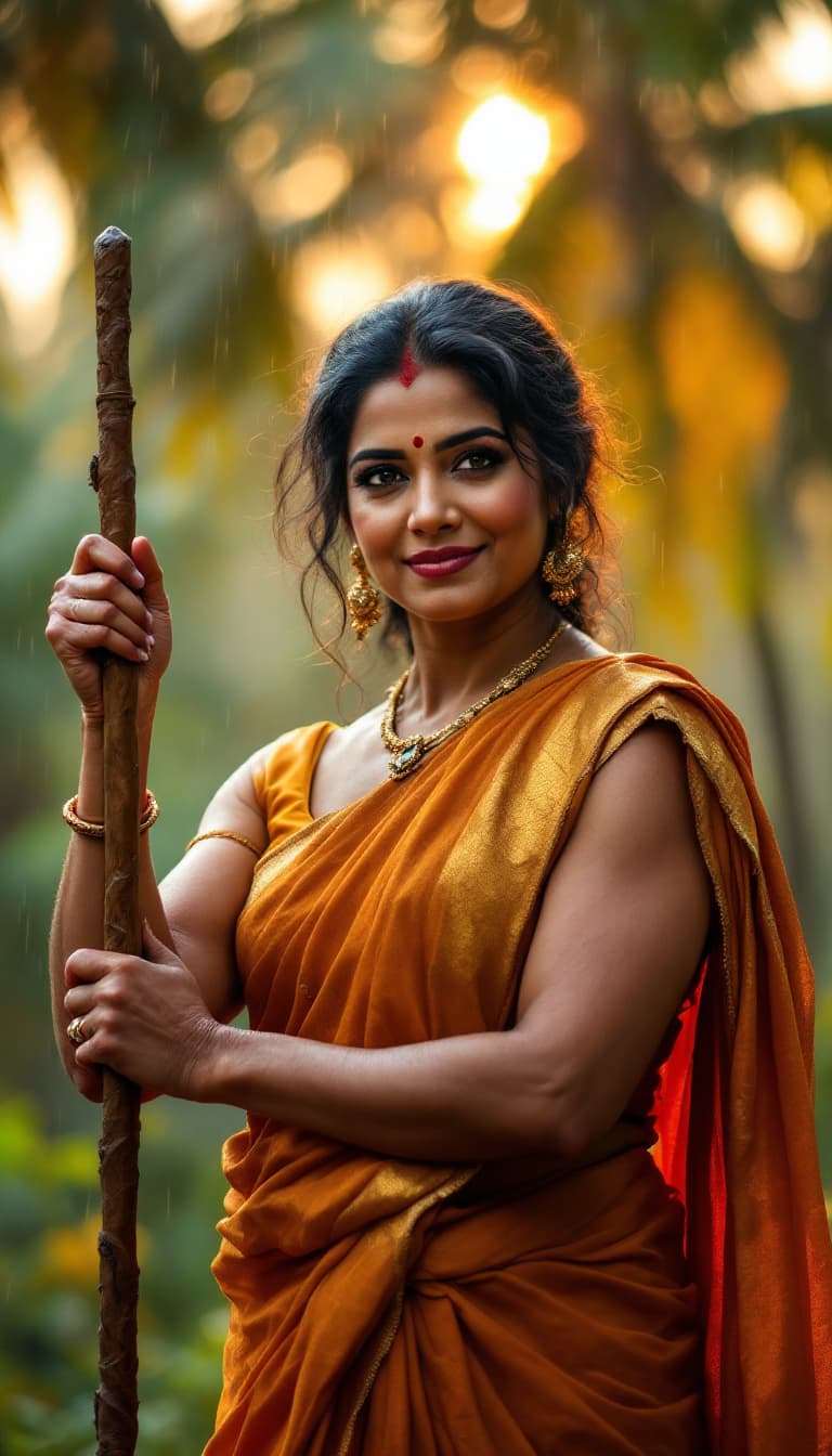 AI generated: Indian mature muscular woman in her 45s with stick in her veiny arms posing for a photograph with do...