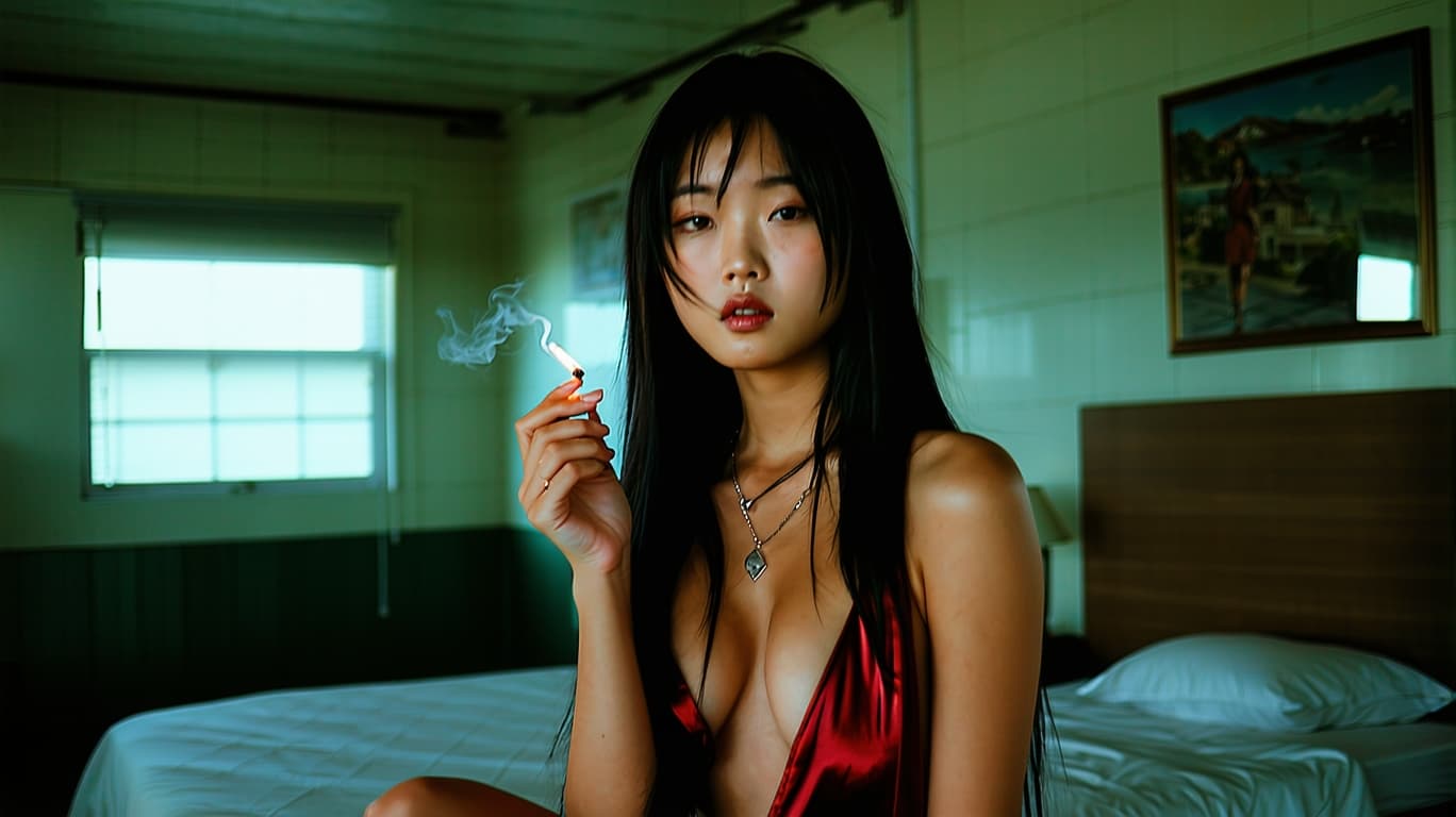 AI generated: a cinematic photography, in a damp, run-down motel room， a stunning Asian model with long black hair...