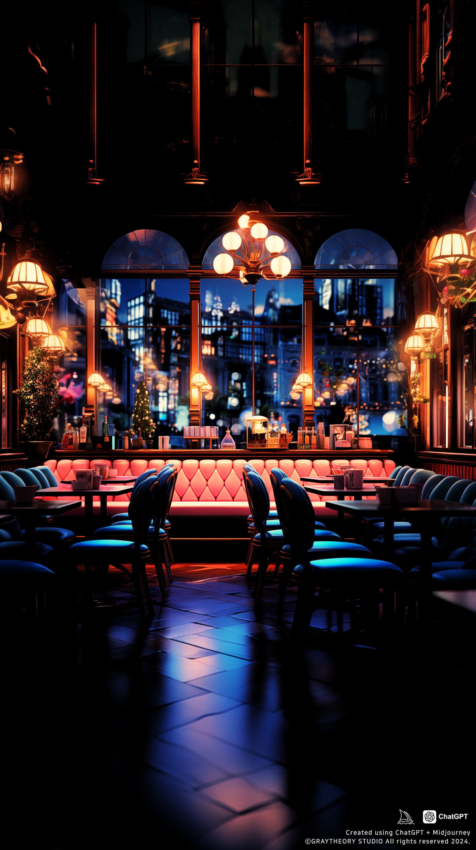 AI generated: 3d rendering, cafe:: reception, canon EOS 5D, winter night, minimalist, realism objets, lights, past...