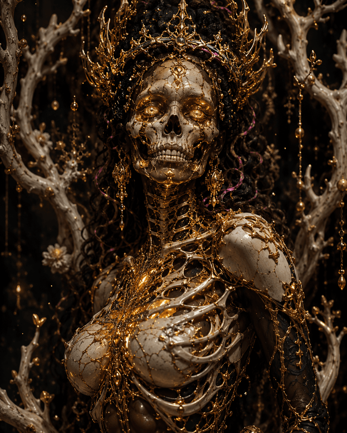 AI generated: Ornate skeletal figure posed like a sacred relic in a dark enchanted grove, forward-facing skull wit...