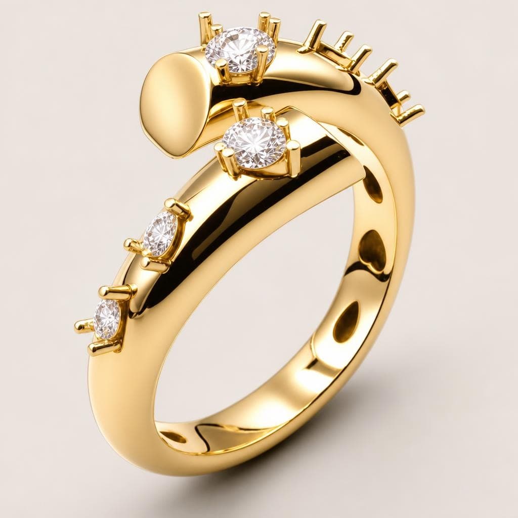 AI generated: Luxury contemporary fine jewelry ring design featuring two flowing asymmetrical curved bands that wr...