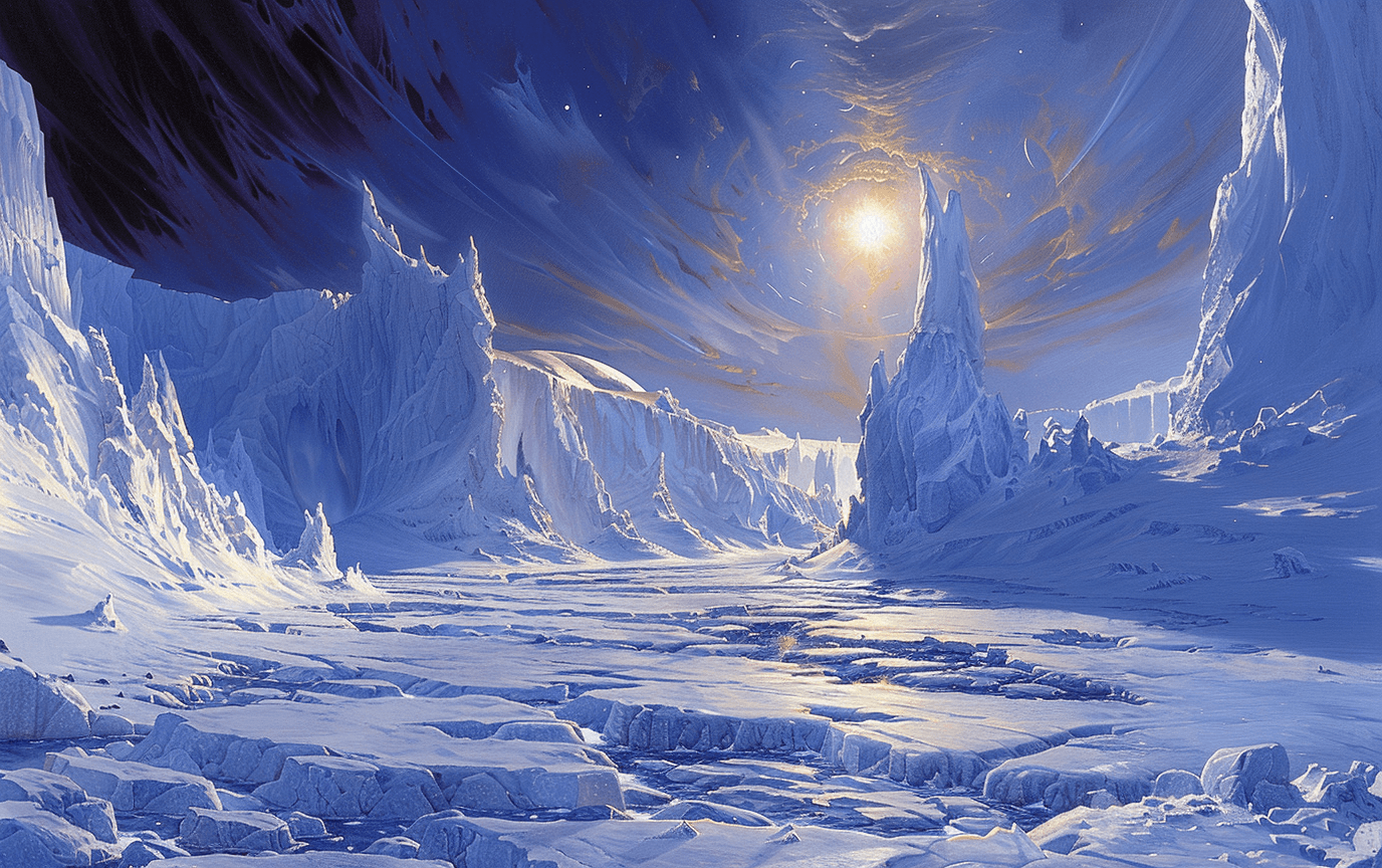 AI generated: Painting of the surface of an icy planet with giant ice formations, with sun and sky visible in the ...