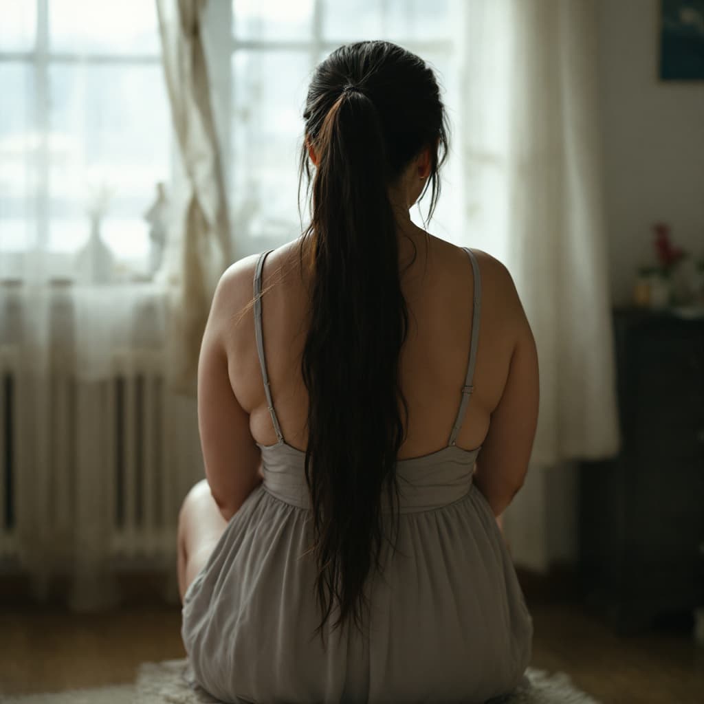 AI generated: back angle, straps short dress, chubby  russian mother age mid 50 in very  long dark ponytail hair, ...