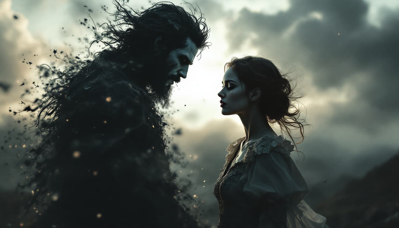 AI generated:  un homme a genou  se dissolvant et s'efface au vent, il est face a une très belle femme qui tiens p...