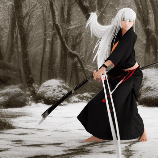 AI generated: fullbody photoshoot of samurai girl with snow white hair, katana in her hand, in hakama miko, backgr...