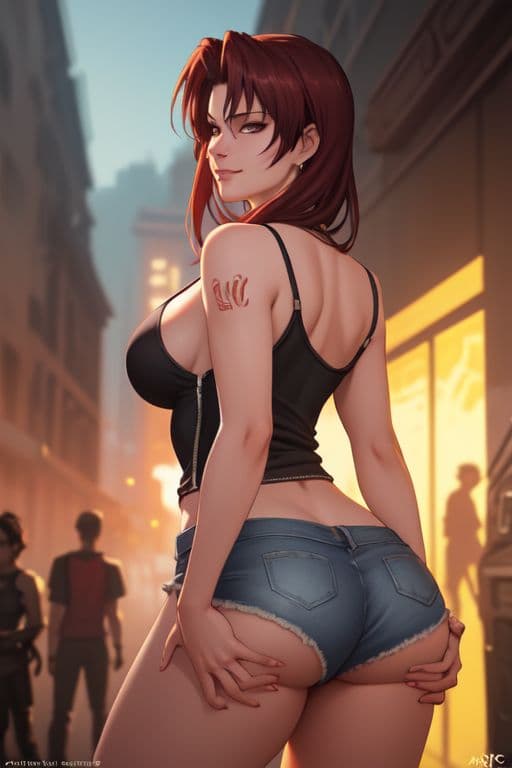 AI generated: A stylish anime-style illustration of a woman with fiery red hair, wearing a black tank top, denim s...