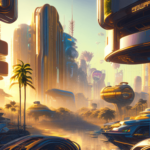 AI generated: a bright sunny hopeful sythwave cyberpunk utopia 8k photorealism detailed, golden and white luxuriou...