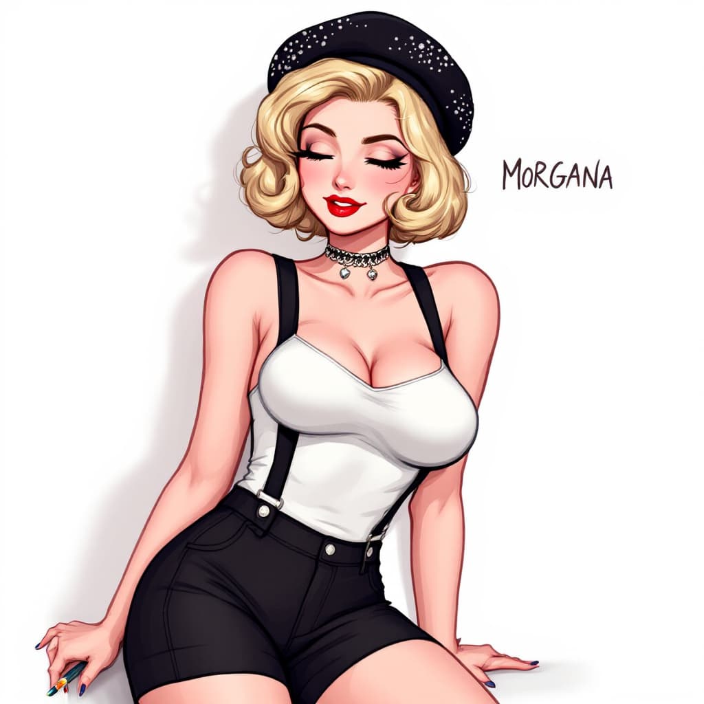 AI generated: A digitally illustrated female character with a pin-up style. She has short, wavy blonde hair, brigh...