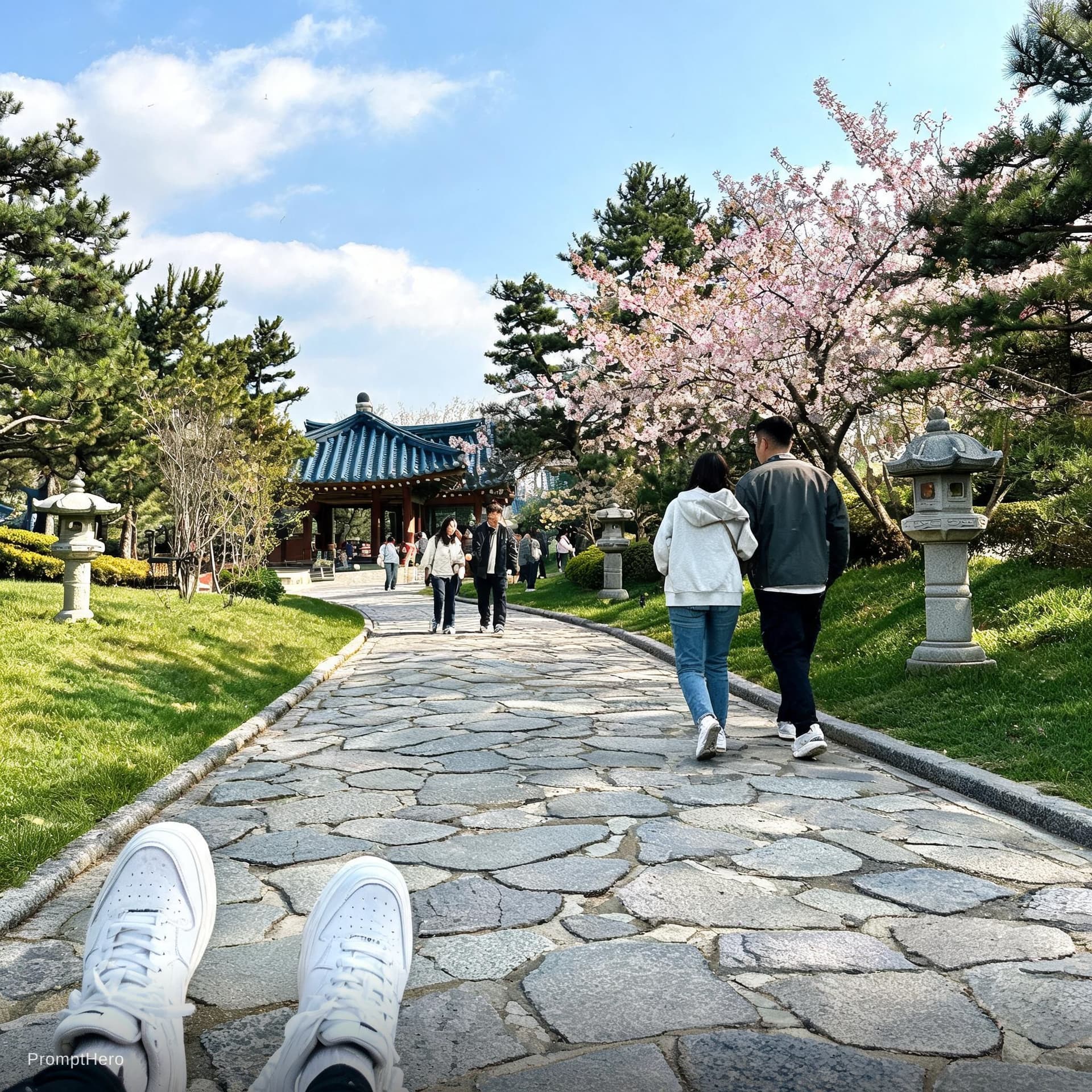 AI generated: Walk in  Korea in the park and people walk next to me and i pic from park view