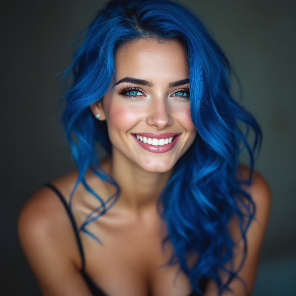 AI generated: professional portrait a stunning woman wearing blue hair with a smile, in the style of animated gifs...