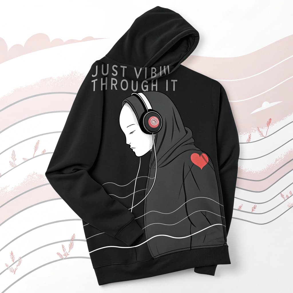 AI generated: A faceless hoodie figure floating with headphones and subtle waveforms surrounding it, soft blush to...