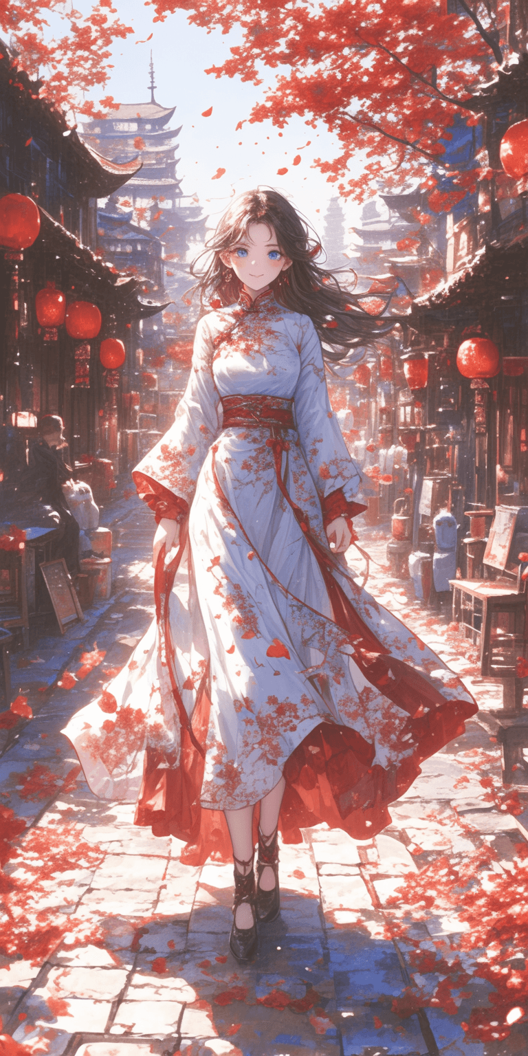 AI generated: girl stands in a red flower surrounded street, in the style of chinese cultural themes, romantic and...