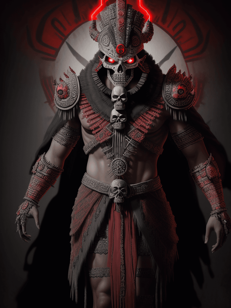 AI generated: A photorealistic digital illustration of an Aztec god with skull face, pointing at viewer and lookin...
