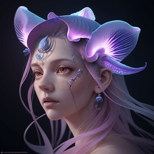 AI generated: Goddess close-up portrait ribcagel. jellyfish phoenix head, nautilus, orchid, skull, betta fish, bio...