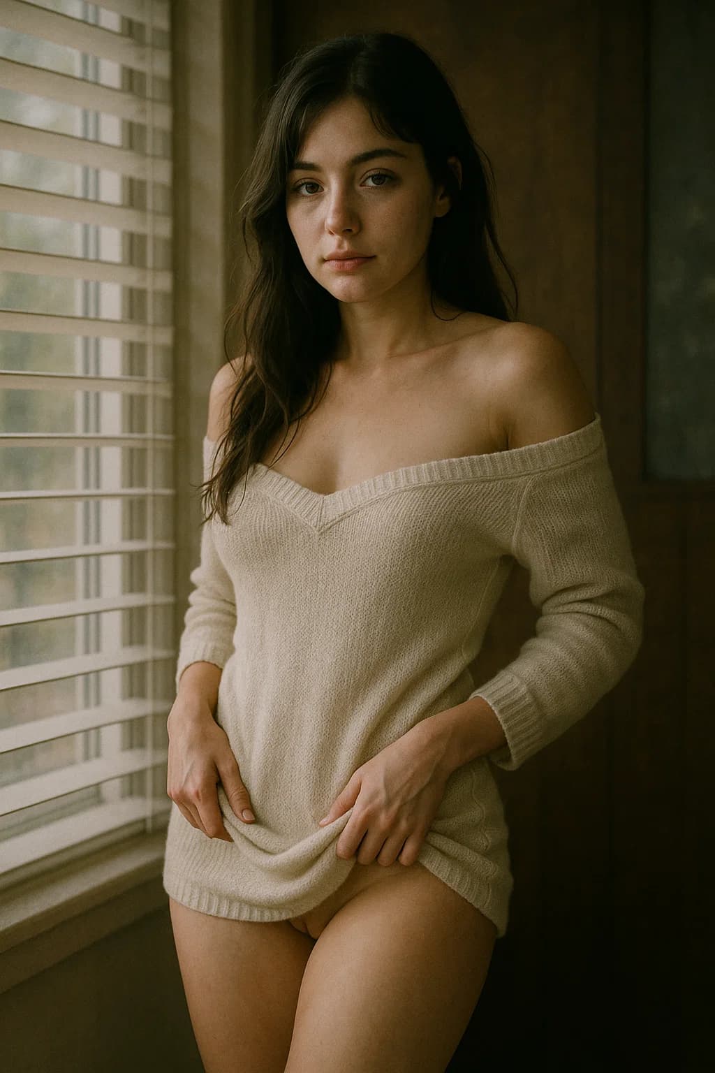 AI generated: A young woman with long dark hair and a soft expression stands in front of a window, wearing a white...