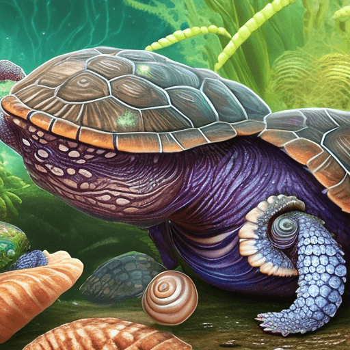 AI generated: A captivating close-up of a creature blending the features of a turtle and a snail. It has a rugged ...