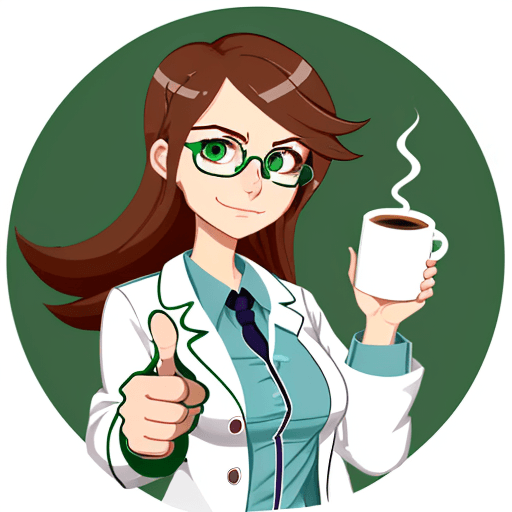 AI generated: ultra-cute MEDICAL woman, 2D,  with green eyes, looking very tired and slightly sick, holding a coff...