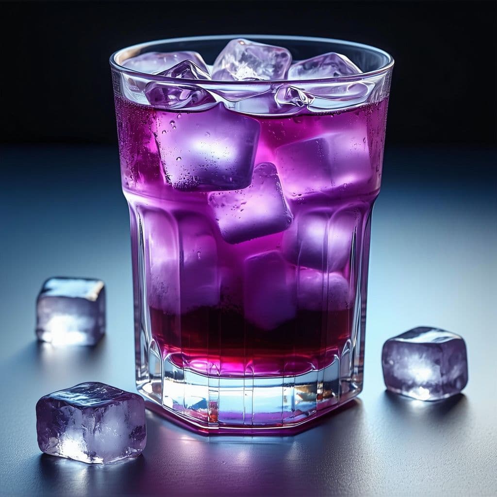 AI generated: the most majestic, godly, heaven cup of purple clear liquid with slight carbonation and ice cubes