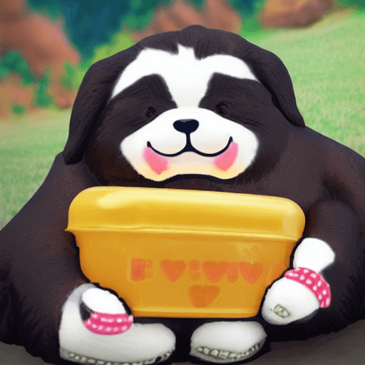 AI generated: bernes mountain dog kawaii holding candy can