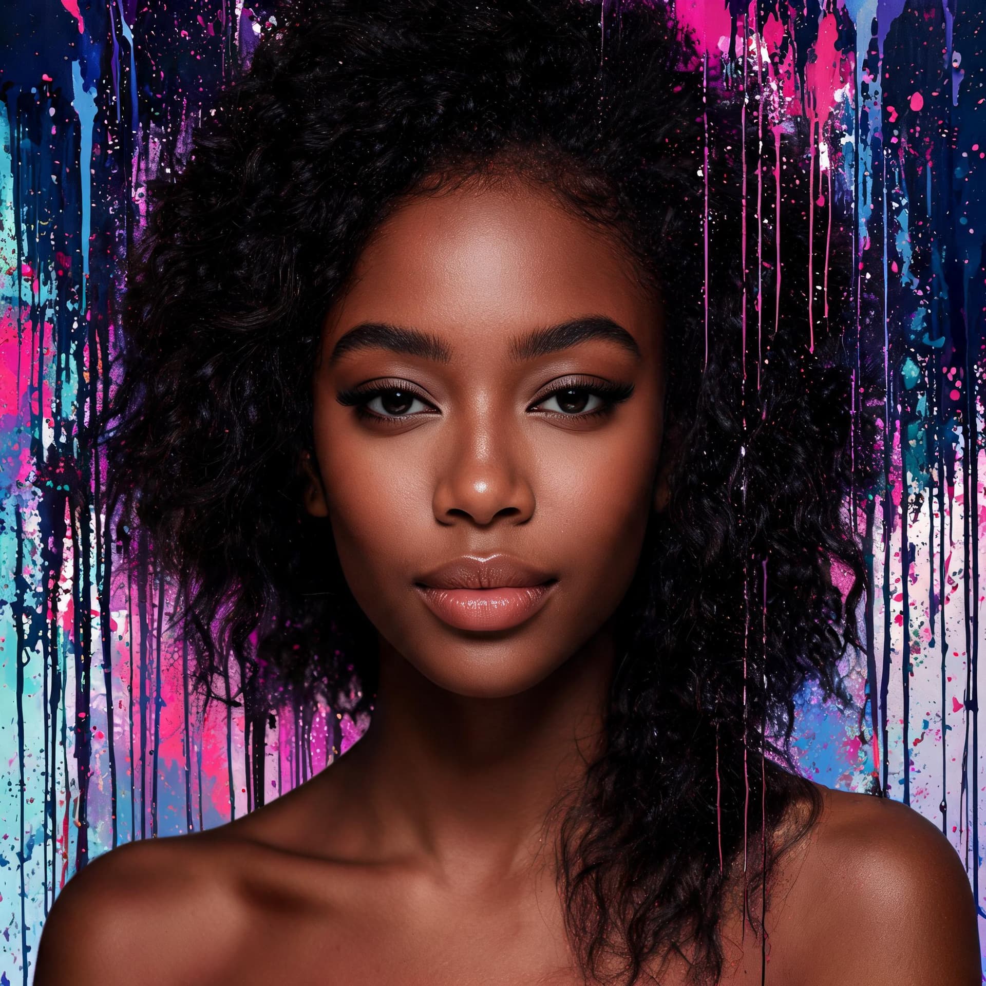AI generated: Dark-skinned female, young, beautiful, abstract background, drip art, portrait, contemporary, art co...