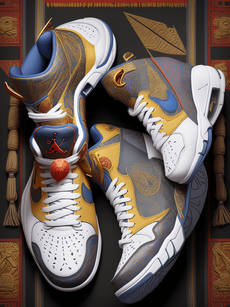 AI generated: 3d physical Nike Air Jordans inspired by Inca's ornament, intricate details, background is Inca's de...