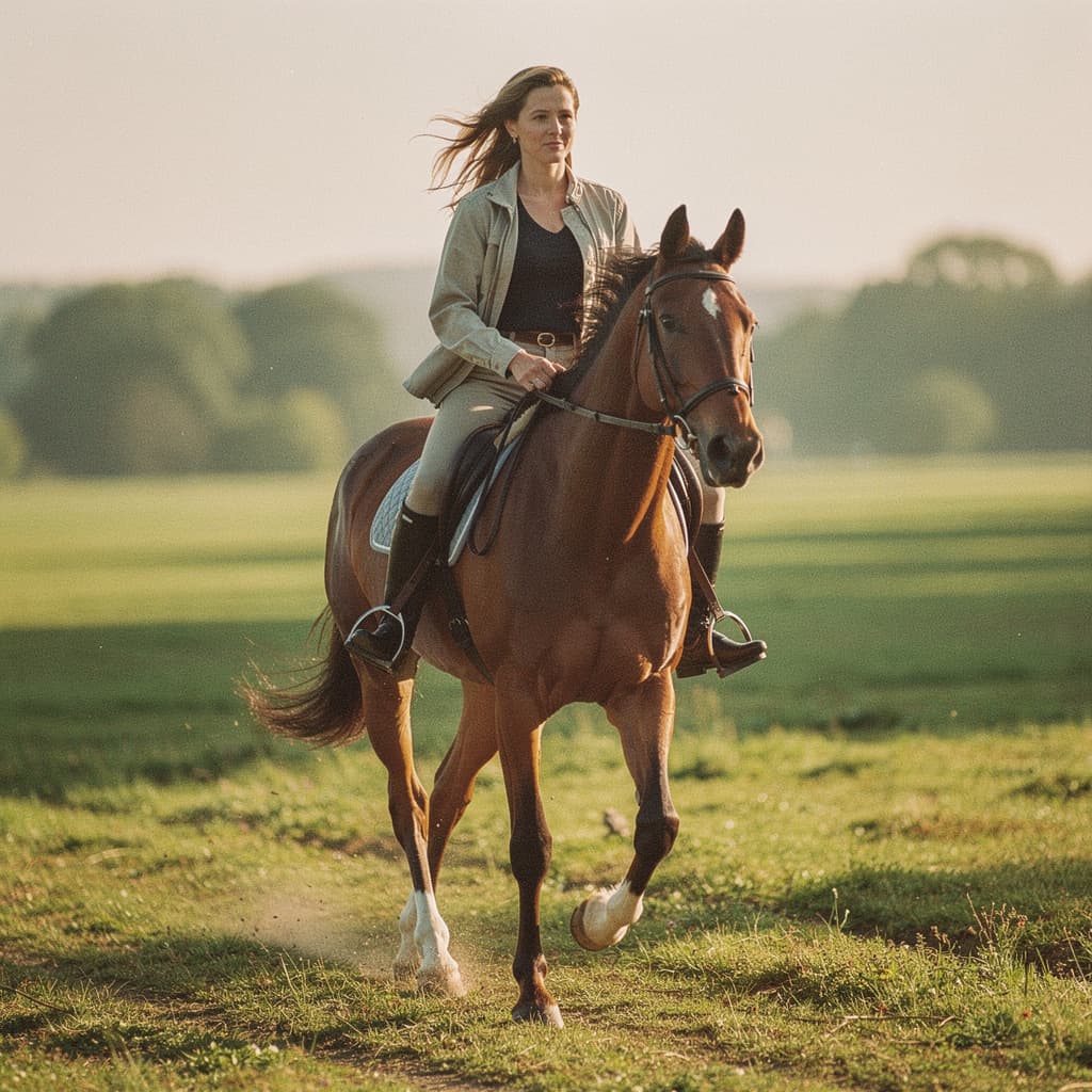 AI generated: woman riding a stud horse, in the style of Kodak Gold 200 --no freckles --chaos 75 --ar 1:2 --raw --...