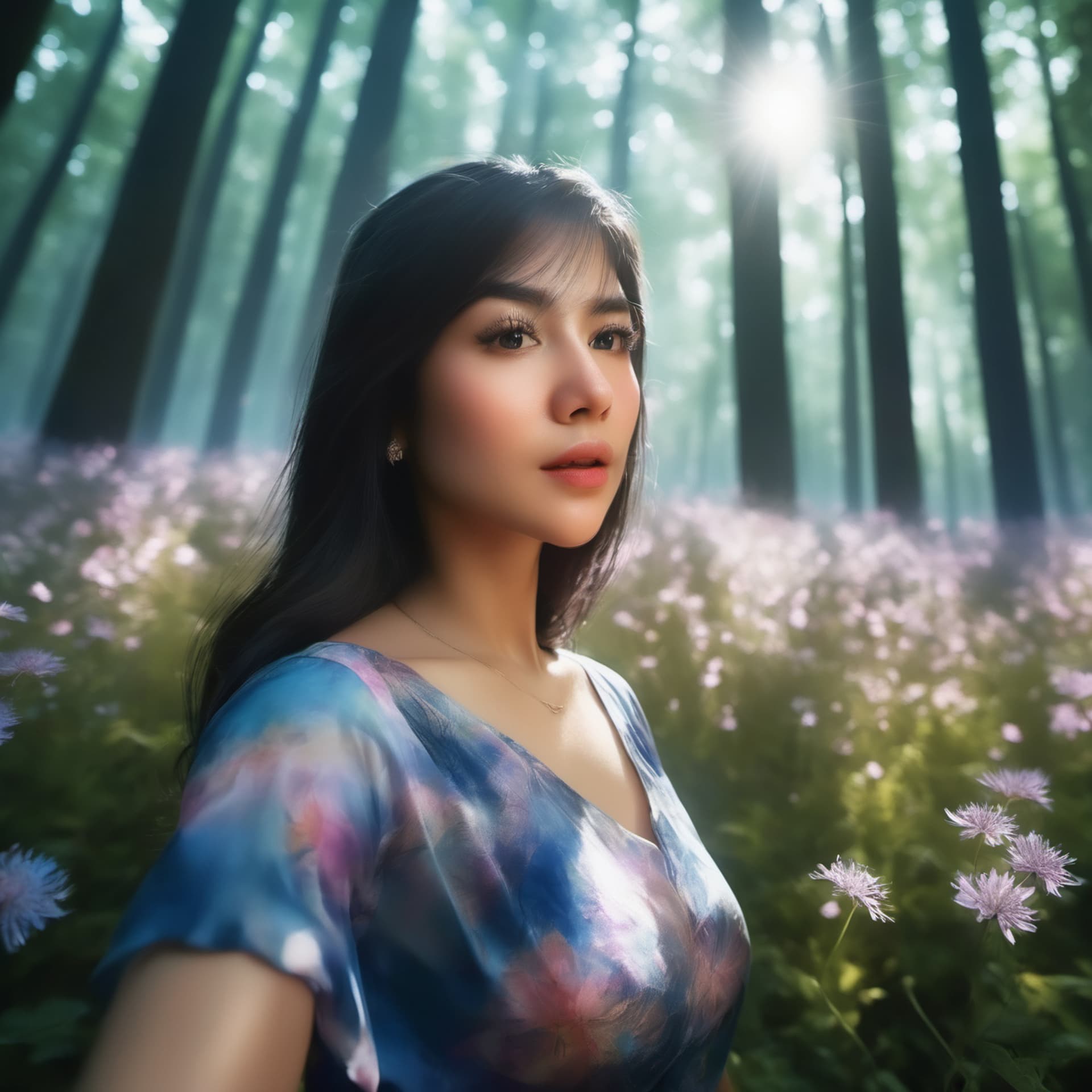 AI generated: Forest scenery,potrait of beautiful girl, a timed-shot, canon realistic skin texture shot, particles...