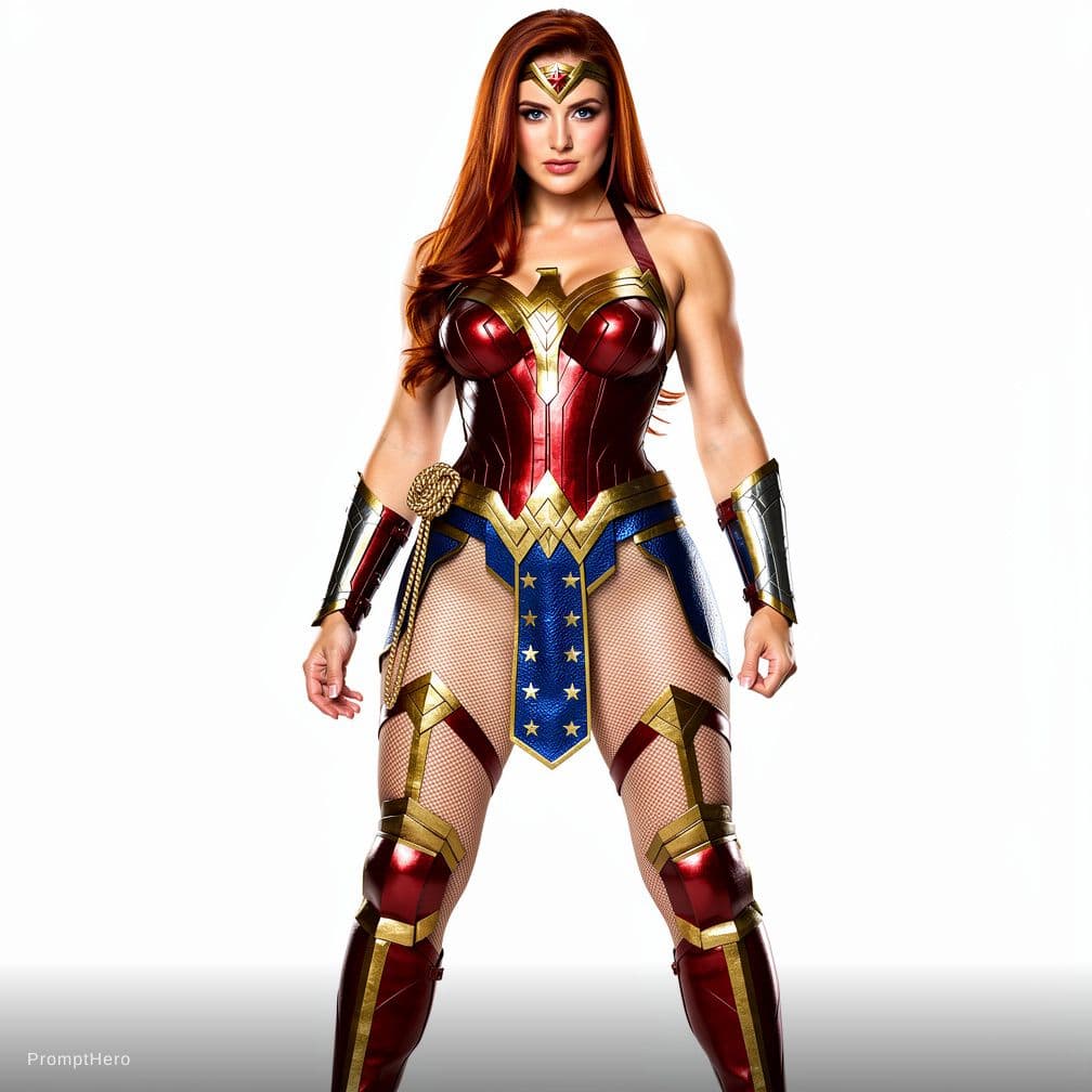 AI generated:  Emma watson 

with strong resemblance to Wonder Woman cosplay, fishnets, fair skin with subtle gold...