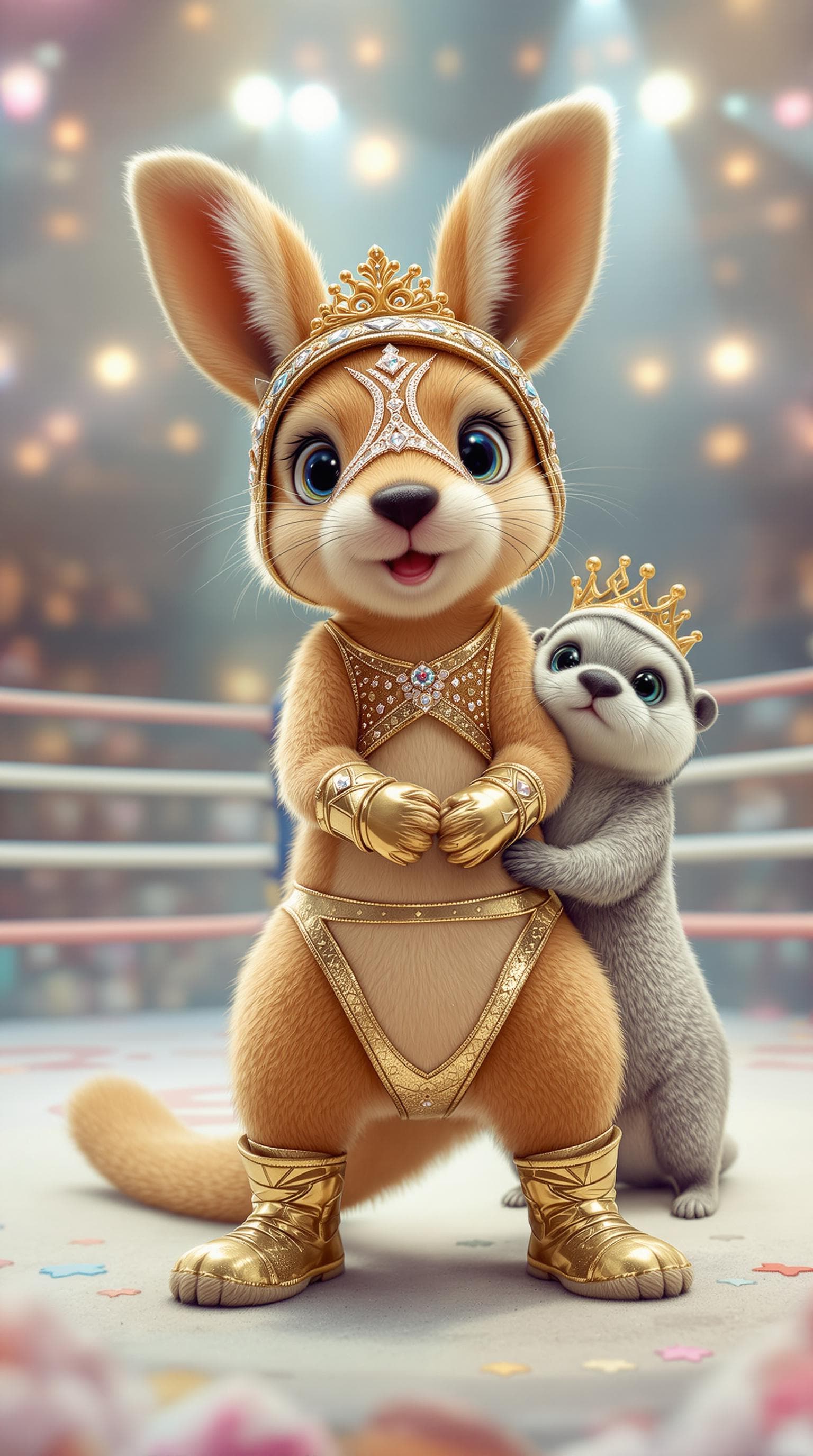 AI generated: A determined baby kangaroo in sparkly gold wrestling outfit with matching boots, mid-wrestling move ...