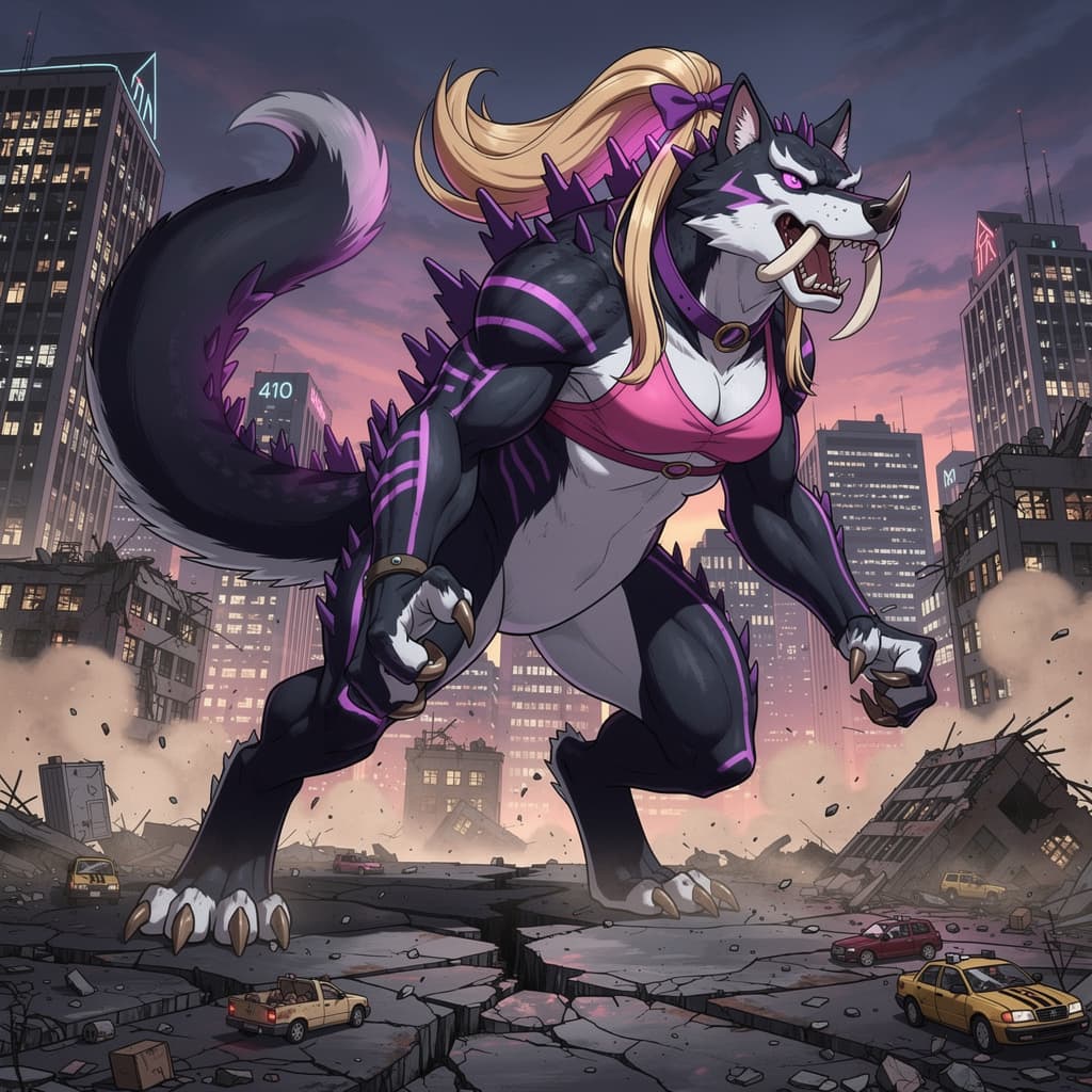 AI generated: "Hyper Gorda Alani Wolf, 22 años, kaiju prehistoric wolf quadruped, colossal size (410 meters tall, ...