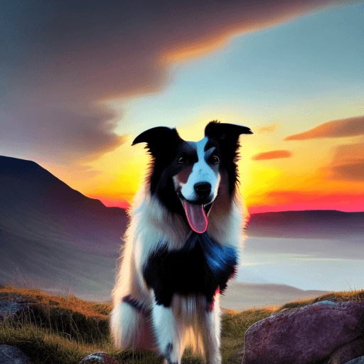 AI generated: High resolution photo quality border collie tri color rough coat Scottish hill sunrise Scottish blac...
