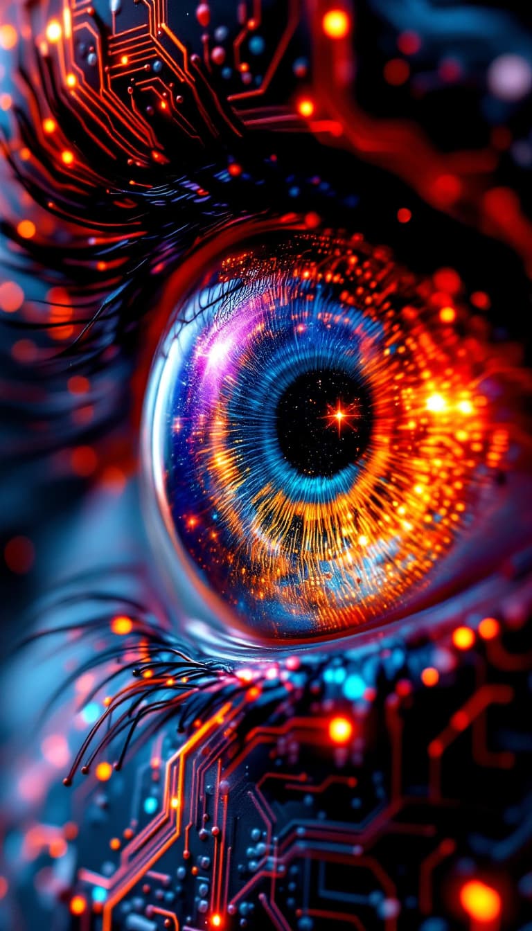 AI generated: very intricate electronic circuit forming A photo of an eye with the universe in it, solo, looking a...