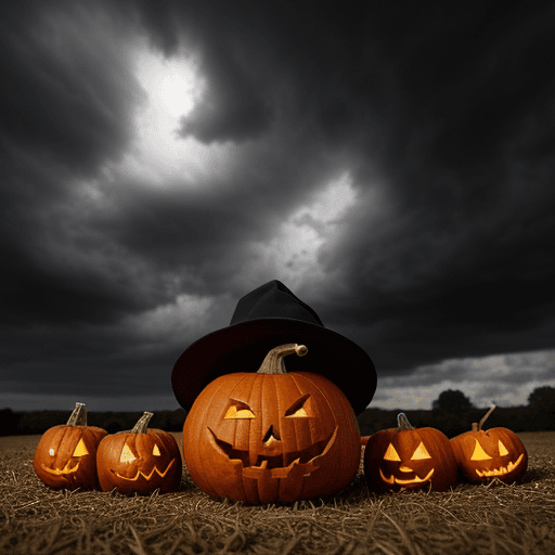 AI generated: PUMPKINS, MICE WITH HATS, JACK-O-LANTERN IN MIDDLE, COBWEBS, ACONS, DARK SKY WITH CLOUDS