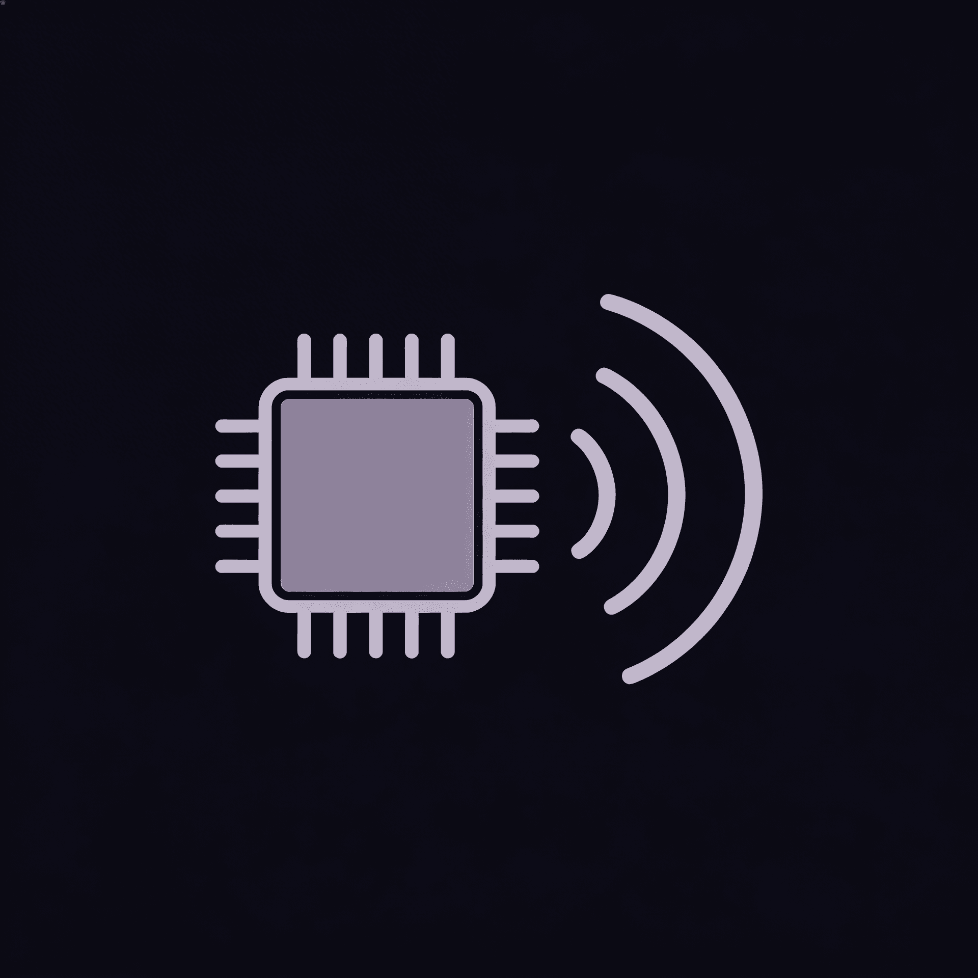 AI generated: minimal sensor chip icon with three signal waves, thin clean lines, muted 
grey-lavender #8888AA col...