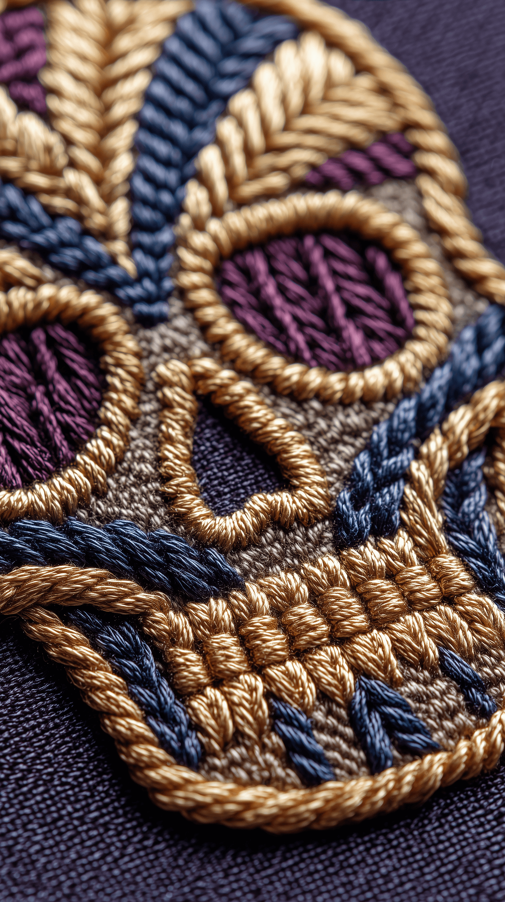 AI generated: bold-thread art, minimalistic, close-up view, skull character, thick, gold threads on clean dark pur...