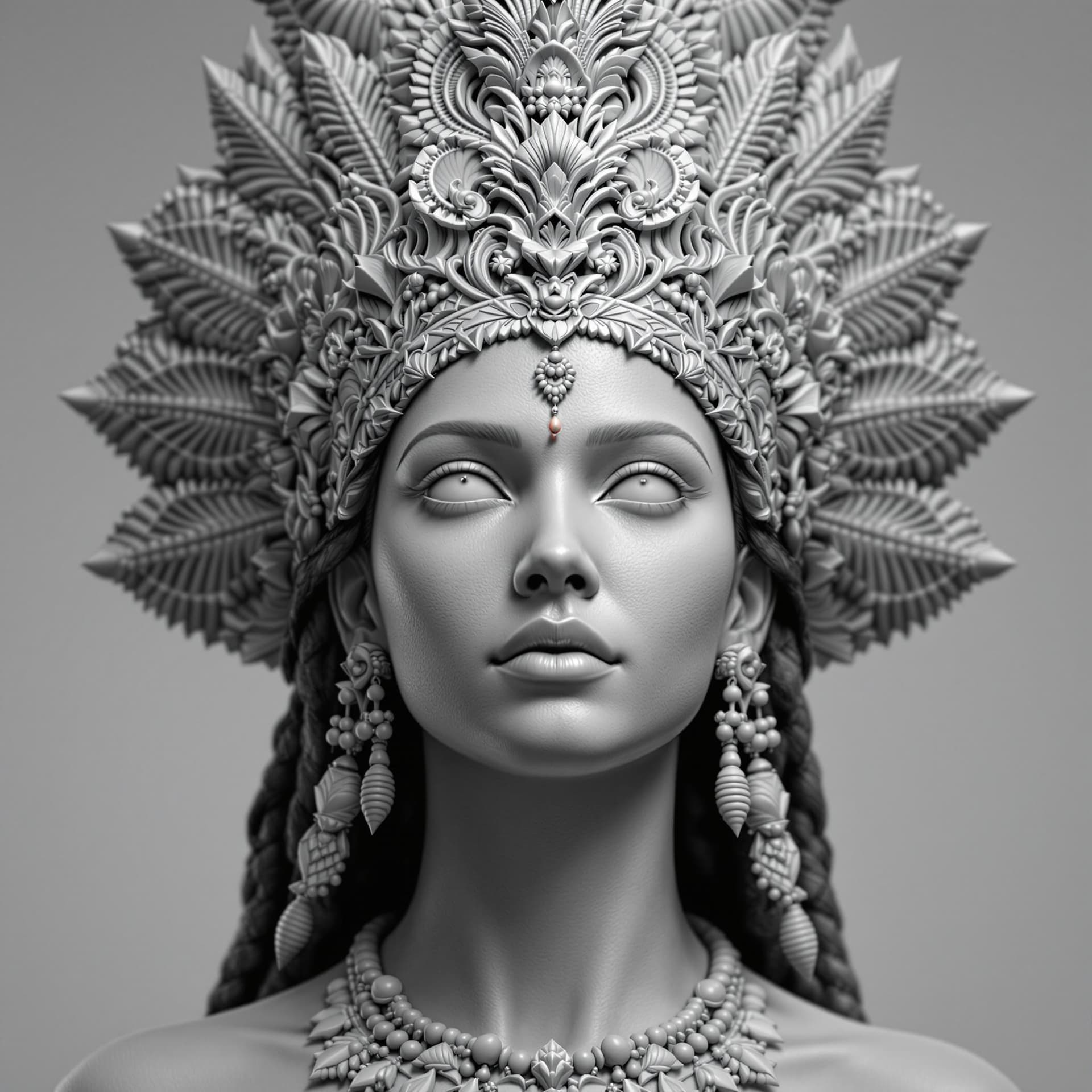 AI generated: a black and white sculpture of Indian woman with an elaborate crown, in the style of hyper-realistic...