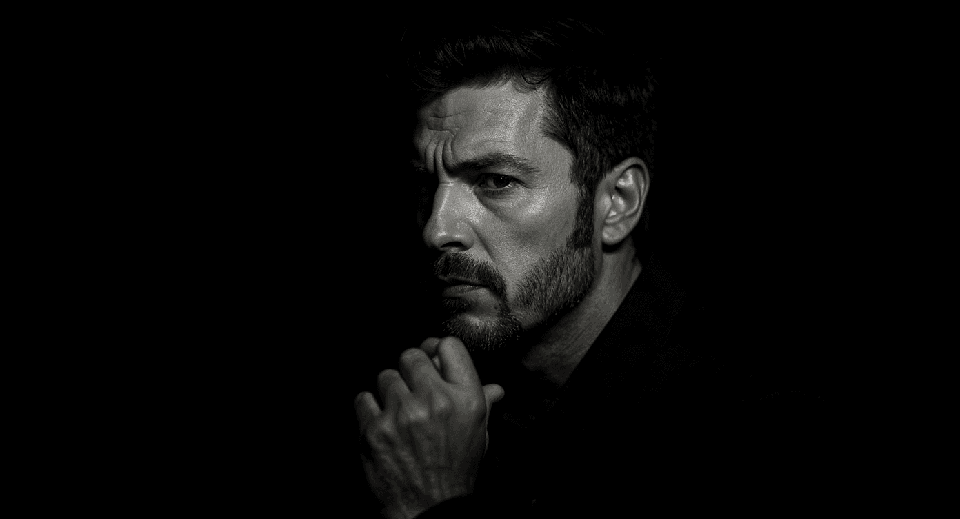 AI generated: photography, monochrome, front view, evoking the starkness of classic noir with an intimate, psychol...